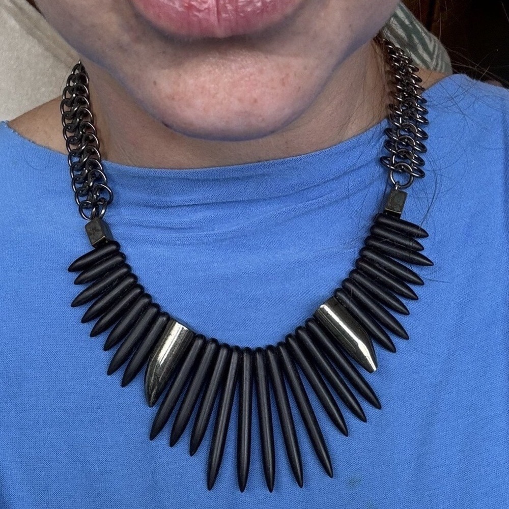 Biko Black Silver Statement Necklace Black Spiked Bib Chain  Gothcore Steampunk